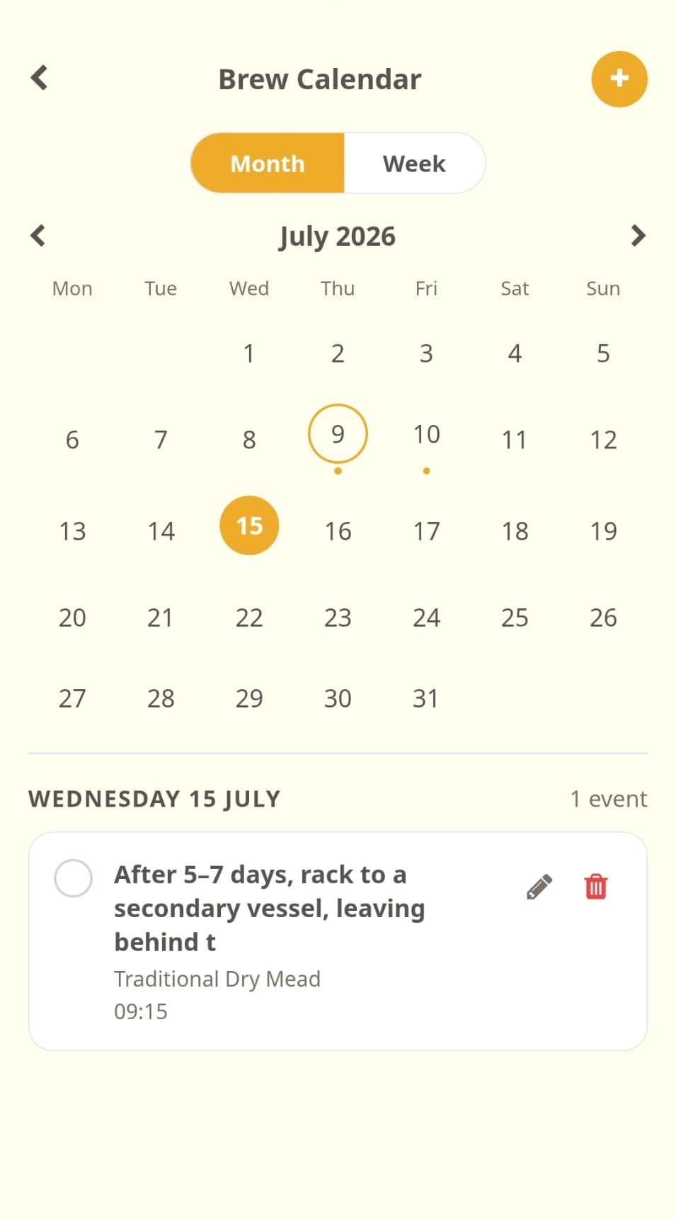 The brew calendar in Demijohn Journal with a reminder to rack a mead to a secondary vessel